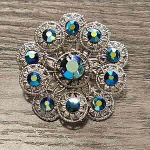 Vintage Silver Filigree Aurora Borealis AB Rhinestone Floral Brooch